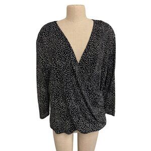 Vintage V Neck Black White Draped Front Long Sleeve Top